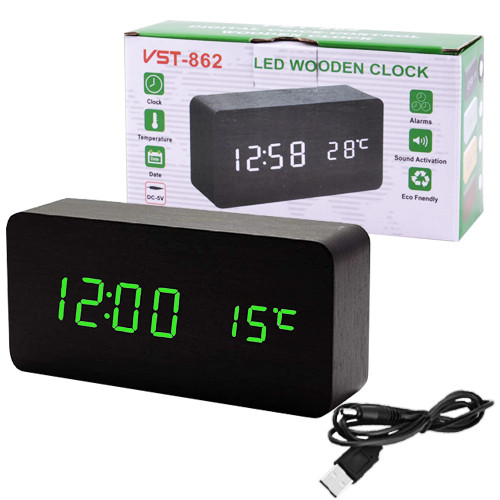 Настільний електронний годинник VST-862-4 з термометром та USB, зелений, чорний корпус — фото 2
