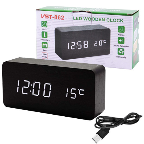 Настільний електронний годинник VST-862-6 з термометром та USB, білий, чорний корпус — фото 3